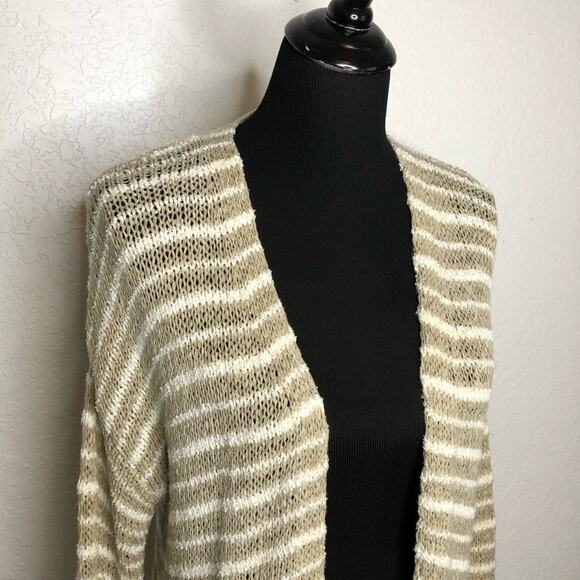 Soft Surroundings tan cream striped knit open front long cardigan sweater Small - Picture 2 of 14